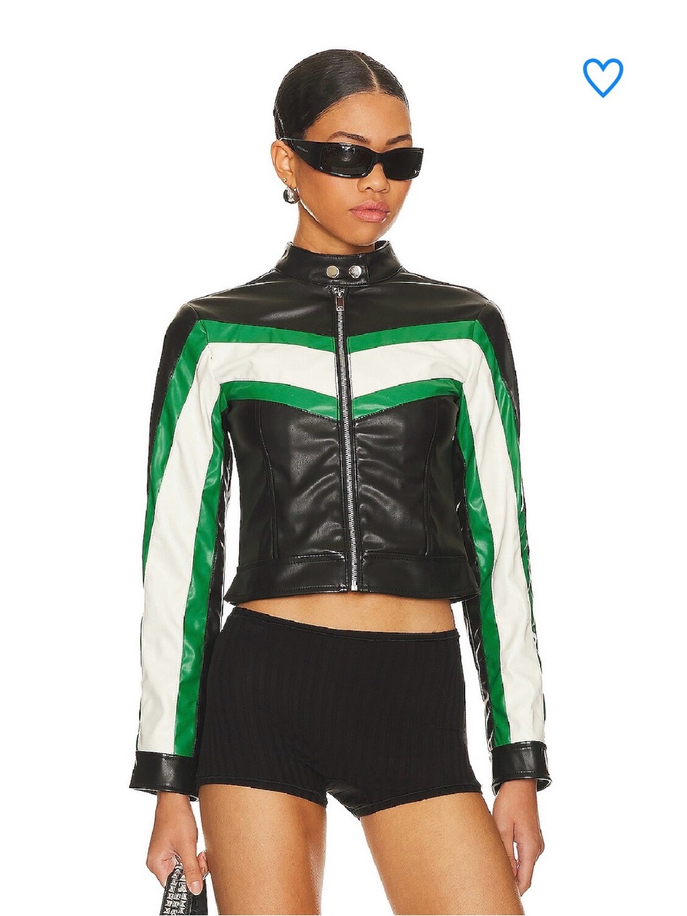 superdown Jackie Faux Leather Moto Racing Jacket Black Green White S